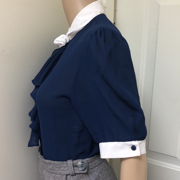 VTG 80’s Monique California Blue & White Sheer Short Sleeve Blouse Ruffle - Picture 3 of 6